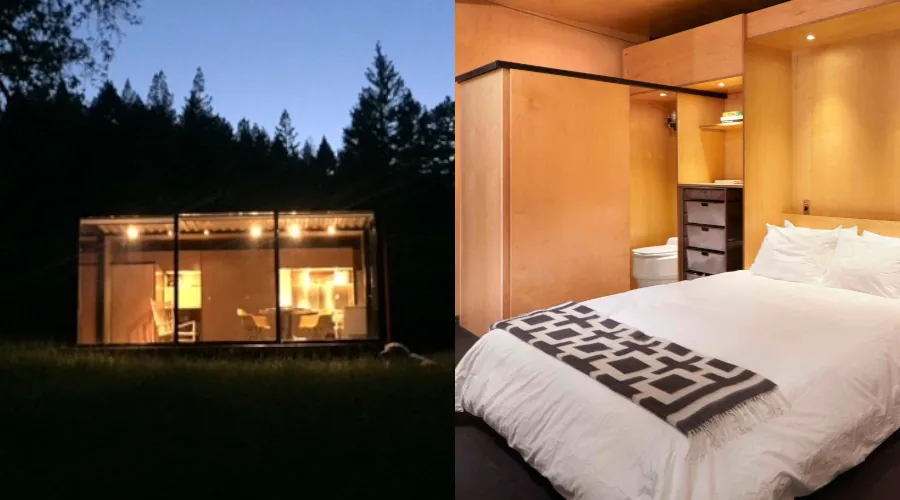 Unique Off-Grid Expanding Container Home in California Exterior view of the off-grid expanding container home with its innovative side glass wall folded down, situated in a natural setting and creating a spacious patio area.